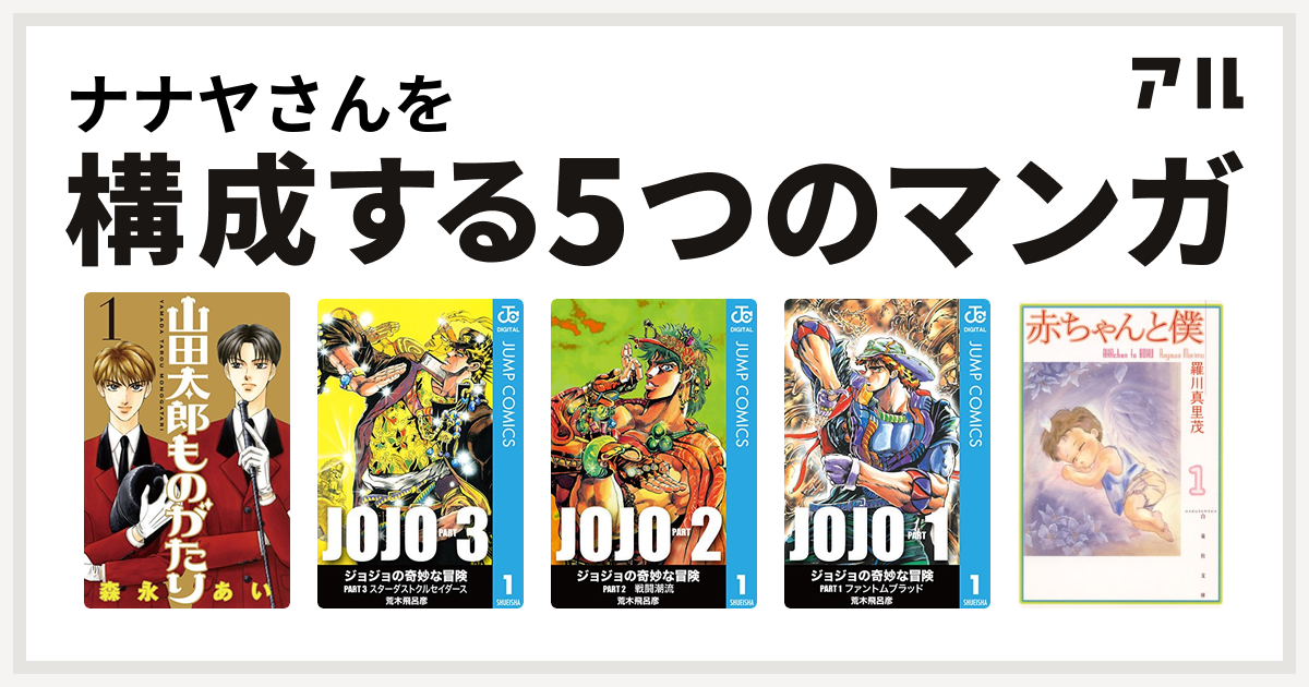 ナナヤさんを構成するマンガは山田太郎ものがたり ジョジョの奇妙な冒険 第3部 ジョジョの奇妙な冒険 第2部 ジョジョの奇妙な冒険 第1部 赤ちゃんと僕 私を構成する5つのマンガ アル