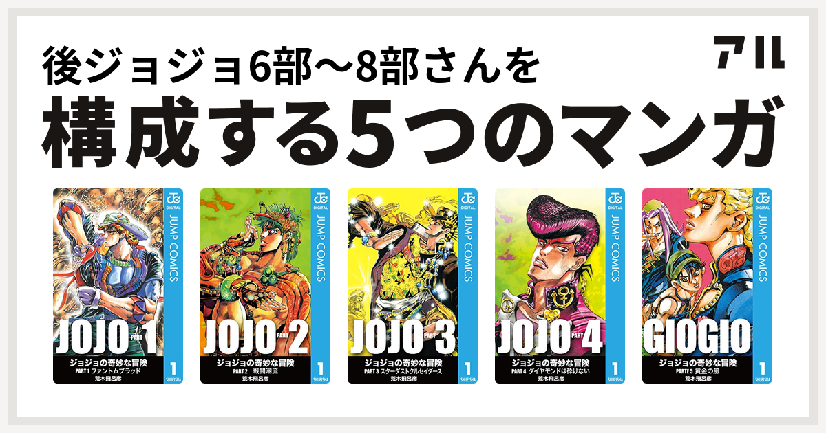 後ジョジョ6部 8部さんを構成するマンガはジョジョの奇妙な冒険 第1部 ジョジョの奇妙な冒険 第2部 ジョジョの奇妙な冒険 第3部 ジョジョの奇妙な冒険 第4部 ジョジョの奇妙な冒険 第5部 私を構成する5つのマンガ アル