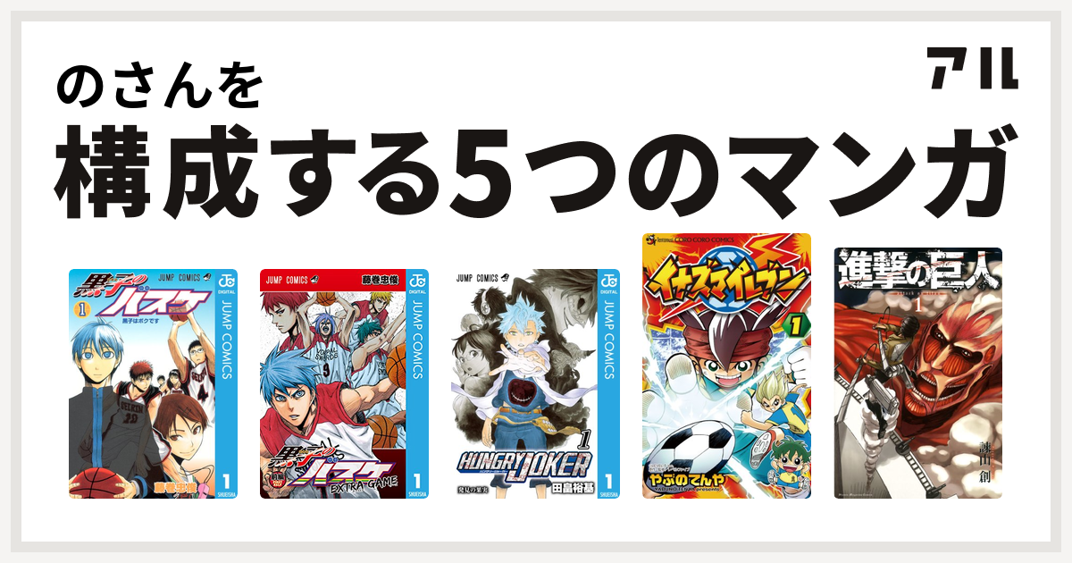 のさんを構成するマンガは黒子のバスケ 黒子のバスケ Extra Game Hungry Joker イナズマイレブン 進撃の巨人 私を構成する5つのマンガ アル