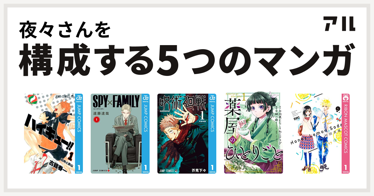 夜々さんを構成するマンガはハイキュー!! SPY×FAMILY 呪術廻戦 薬屋の