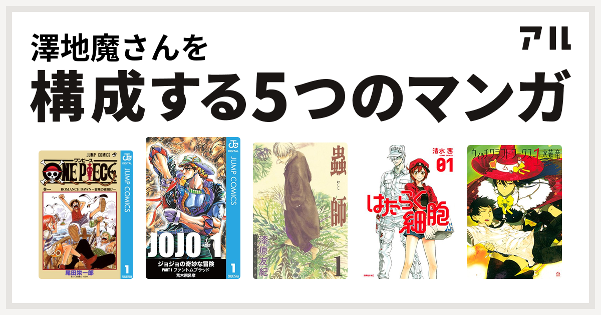 澤地魔さんを構成するマンガはONE PIECE
蟲師
はたらく細胞
ウィッチクラフトワークス！