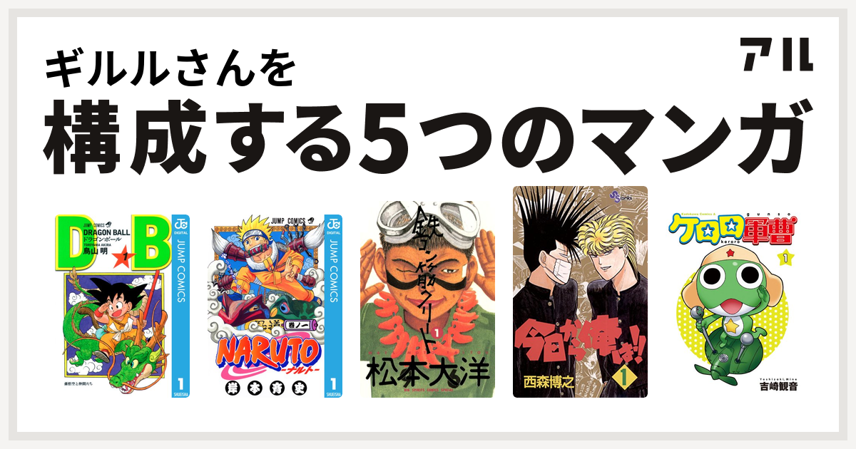 ギルルさんを構成するマンガはドラゴンボール Naruto ナルト 鉄コン筋クリート 今日から俺は ケロロ軍曹 私を構成する5つのマンガ アル