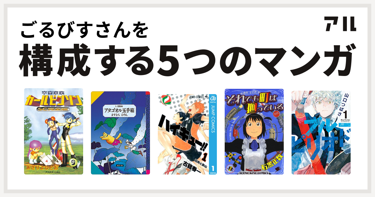 ごるびすさんを構成するマンガは宇宙家族カールビンソン アタゴオル玉手箱 ハイキュー それでも町は廻っている ブルーピリオド 私を構成する5つの マンガ アル