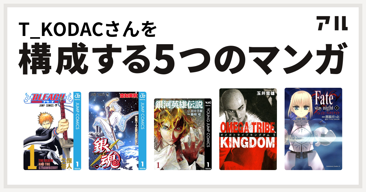 T Kodacさんを構成するマンガはbleach 銀魂 銀河英雄伝説 Omega Tribe Kingdom Fate Stay Night 私を構成する5つのマンガ アル