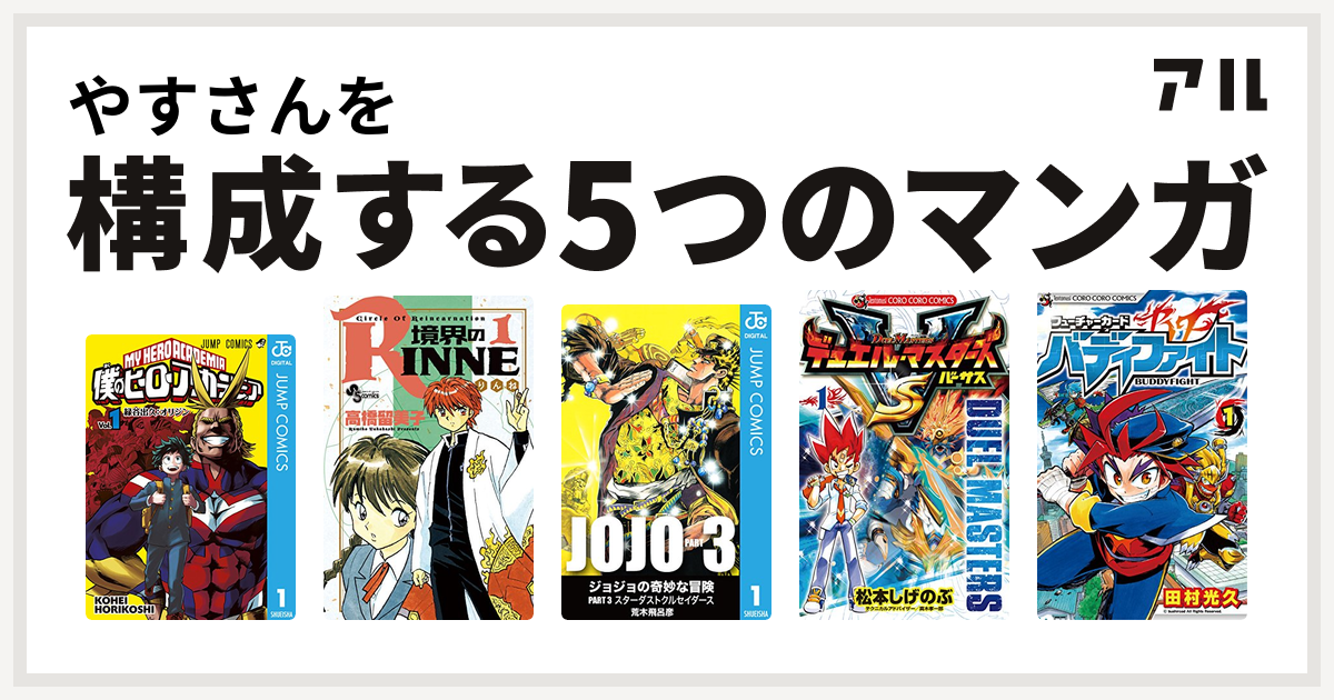 やすさんを構成するマンガは僕のヒーローアカデミア 境界のrinne ジョジョの奇妙な冒険 第3部 デュエル マスターズ Vs バーサス フューチャーカード バディファイト 私を構成する5つのマンガ アル