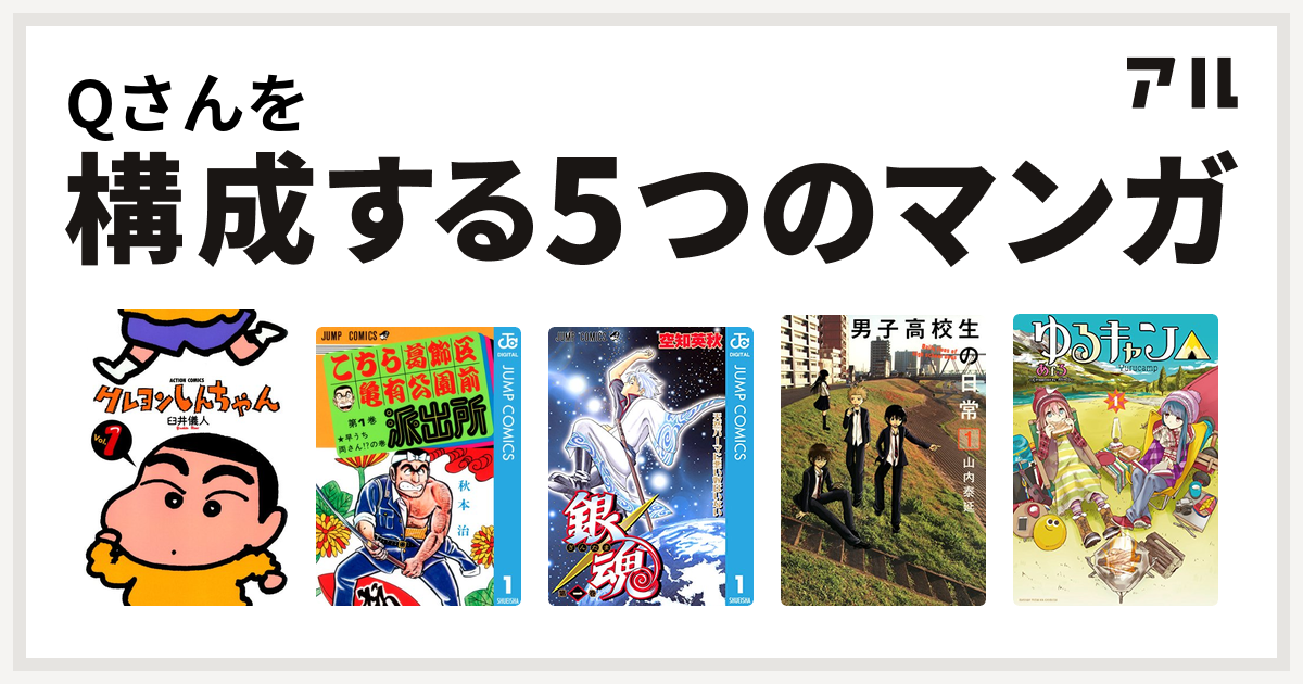 Qさんを構成するマンガはクレヨンしんちゃん こちら葛飾区亀有公園前派出所 銀魂 男子高校生の日常 ゆるキャン 私を構成する5つのマンガ アル