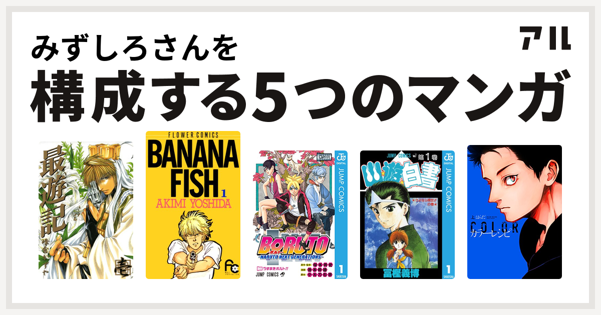 みずしろさんを構成するマンガは最遊記 Banana Fish Boruto ボルト Naruto Next Generations 幽遊白書 カラーレシピ 私を構成する5つのマンガ アル