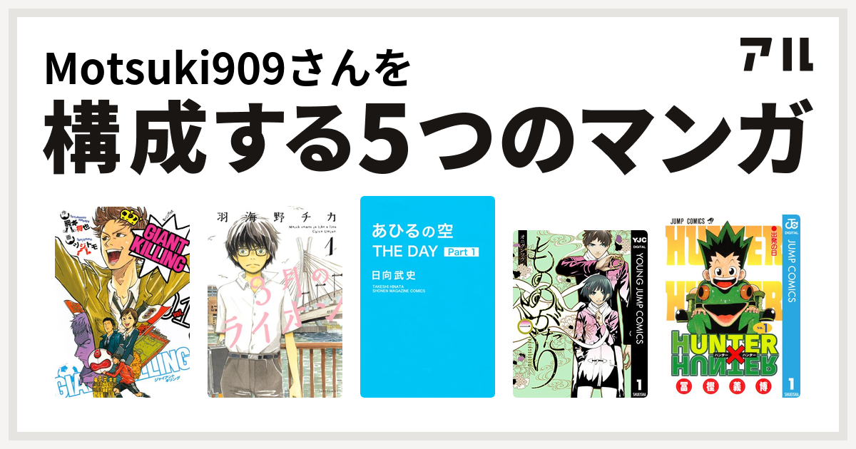 Motsuki909さんを構成するマンガはgiant Killing 3月のライオン あひるの空 The Day もののがたり Hunter Hunter 私を構成する5つのマンガ アル