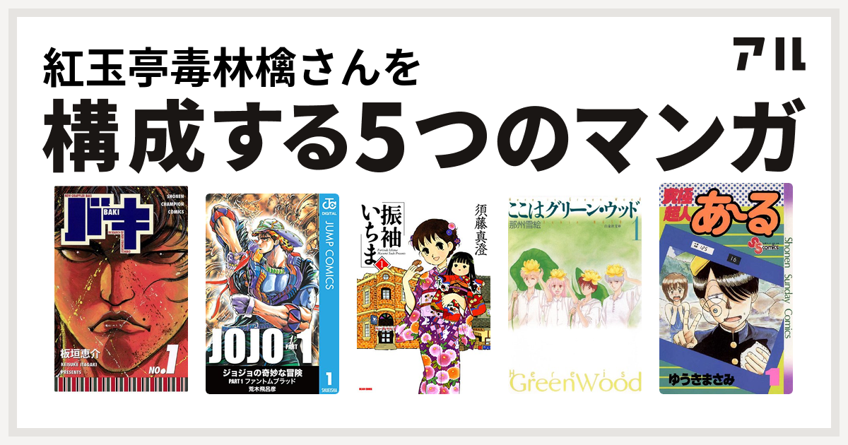 紅玉亭毒林檎さんを構成するマンガはバキ 振袖いちま ここはグリーン ウッド 究極超人あ る 私を構成する5つのマンガ アル