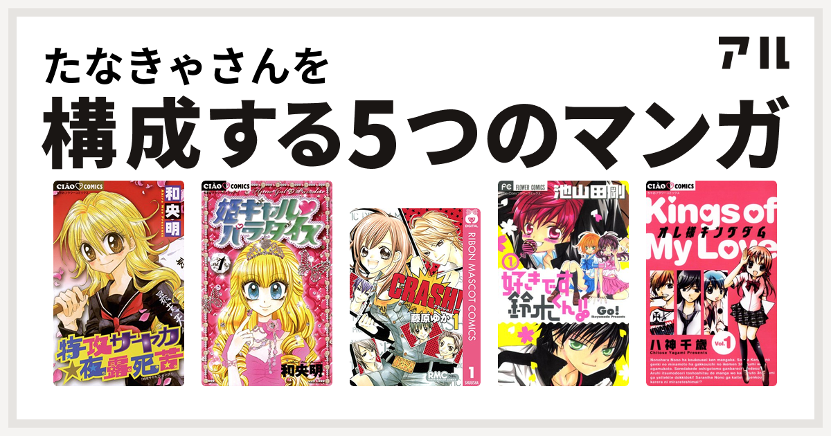 たなきゃさんを構成するマンガは特攻サヤカ 夜露死苦 姫ギャル パラダイス Crash 好きです鈴木くん オレ様キングダム 私を構成する5つのマンガ アル