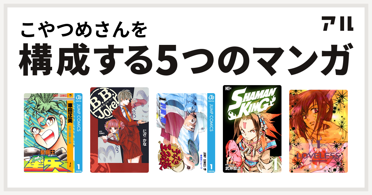 こやつめさんを構成するマンガは聖闘士星矢 B B Joker テニスの王子様 Shaman King シャーマンキング Loveless 私を構成する5つのマンガ アル