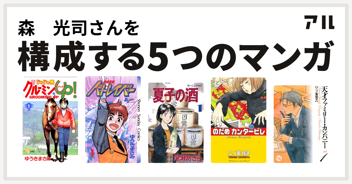 森 光司さんを構成するマンガはじゃじゃ馬グルーミン Up 機動警察パトレイバー 夏子の酒 のだめカンタービレ 天才ファミリー カンパニー 私を構成する5つのマンガ アル