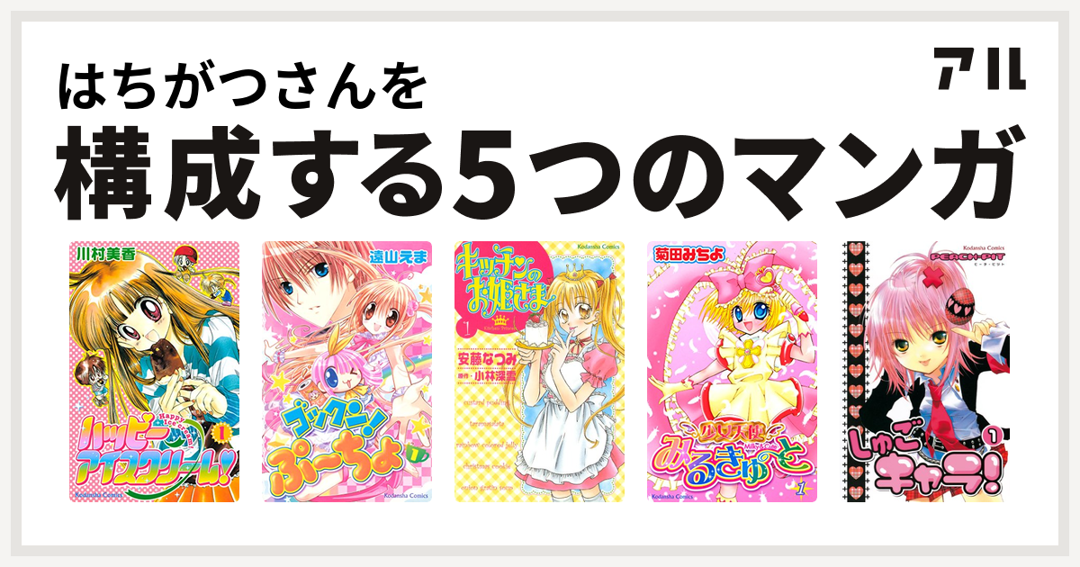 はちがつさんを構成するマンガはハッピーアイスクリーム ゴックン ぷーちょ キッチンのお姫さま 少女天使みるきゅーと しゅごキャラ 私を構成する5つのマンガ アル