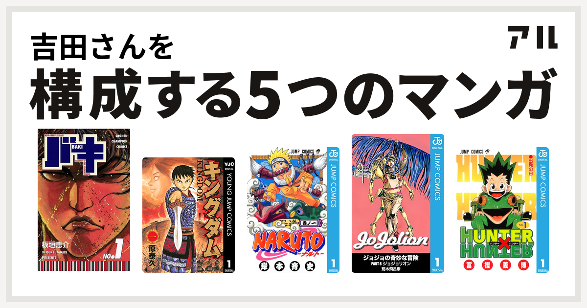 吉田さんを構成するマンガはバキ キングダム Naruto ナルト ジョジョリオン Hunter Hunter 私を構成する5つのマンガ アル