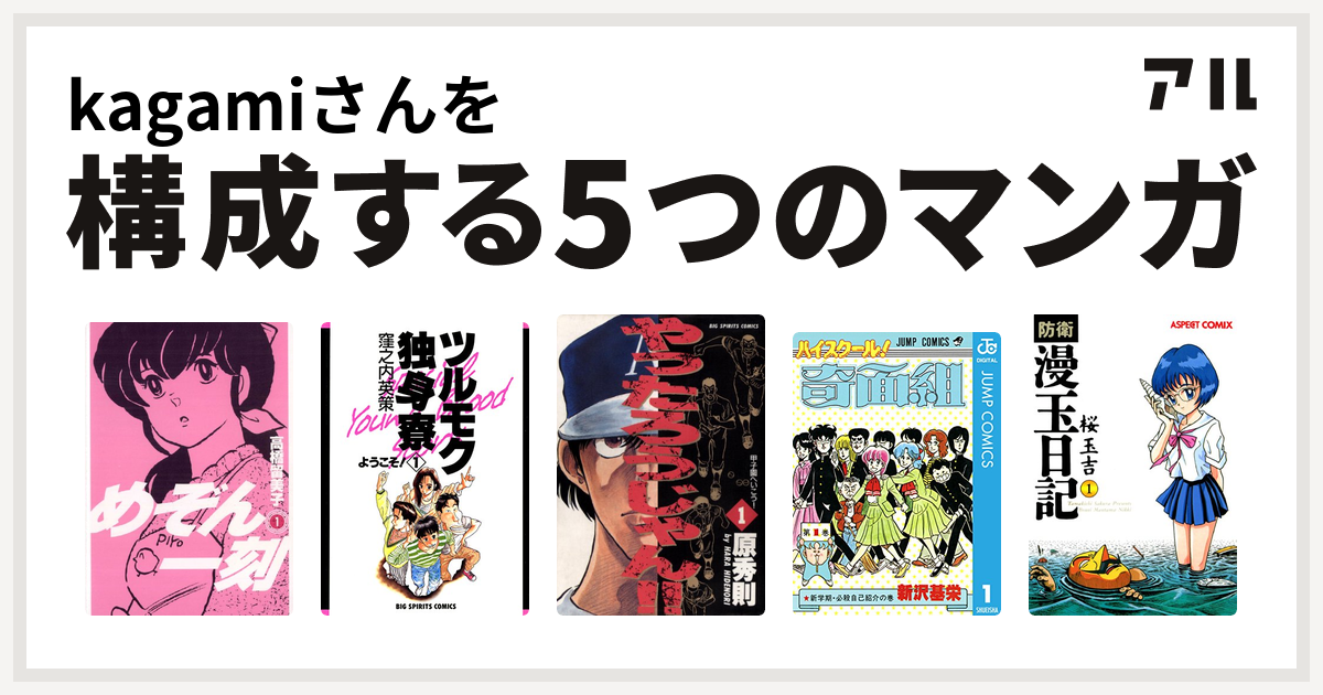 Kagamiさんを構成するマンガはめぞん一刻 ツルモク独身寮 やったろうじゃん ハイスクール 奇面組 防衛漫玉日記 私を構成する5つのマンガ アル