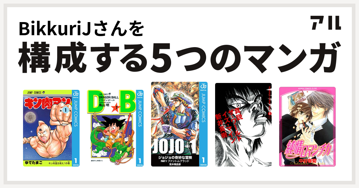 Bikkurijさんを構成するマンガはキン肉マン ドラゴンボール 真説 ザ ワールド イズ マイン 純情ロマンチカ 私を構成する5つのマンガ アル