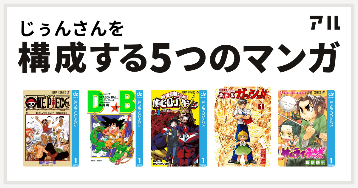 じぅんさんを構成するマンガはone Piece ドラゴンボール 僕のヒーローアカデミア 金色のガッシュ サムライうさぎ 私を構成する5つのマンガ アル