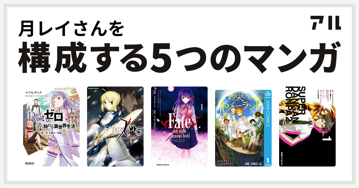 月レイさんを構成するマンガはre ゼロから始める異世界生活 第一章 王都の一日編 Fate Zero Fate Stay Night Heaven S Feel 約束のネバーランド スーパーダンガンロンパ2 さよなら絶望学園 私を構成する5つのマンガ アル