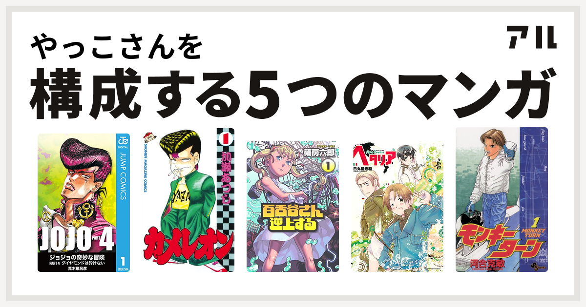 やっこさんを構成するマンガはジョジョの奇妙な冒険 第4部 カメレオン 百舌谷さん逆上する ヘタリア Axis Powers モンキーターン 私を構成する5つのマンガ アル