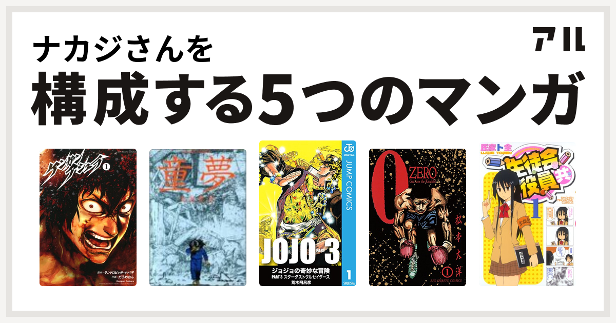 ナカジさんを構成するマンガはケンガンアシュラ 童夢 ジョジョの奇妙な冒険 第3部 Zero ゼロ 生徒会役員共 私を構成する5つのマンガ アル