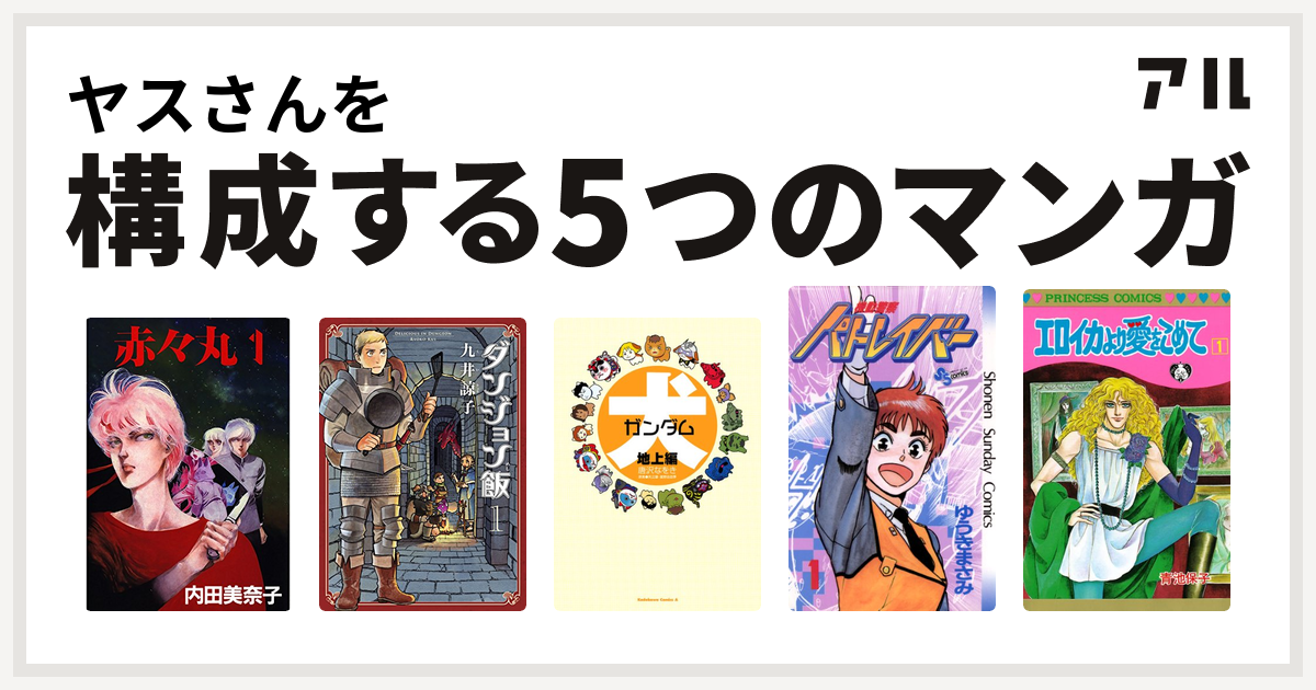 ヤスさんを構成するマンガは赤々丸 ダンジョン飯 犬ガンダム 機動警察パトレイバー エロイカより愛をこめて 私を構成する5つのマンガ アル