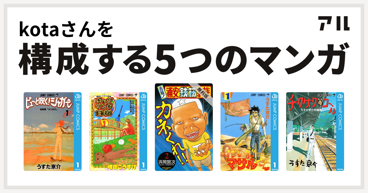 Kotaさんを構成するマンガはピューと吹く ジャガー 増田こうすけ劇場 ギャグマンガ日和 元祖 浦安鉄筋家族 セクシーコマンドー外伝 すごいよ マサルさん チクサクコール うすた京介短編集 私を構成する5つのマンガ アル