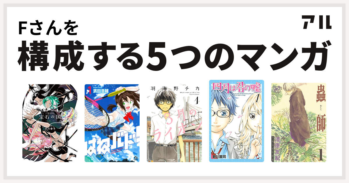 Fさんを構成するマンガは宝石の国 はねバド 3月のライオン 四月は君の嘘 蟲師 私を構成する5つのマンガ アル