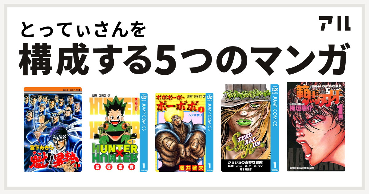 とってぃさんを構成するマンガは魁 男塾 Hunter Hunter ボボボーボ ボーボボ ジョジョの奇妙な冒険 第7部 範馬刃牙 私を構成する5つのマンガ アル