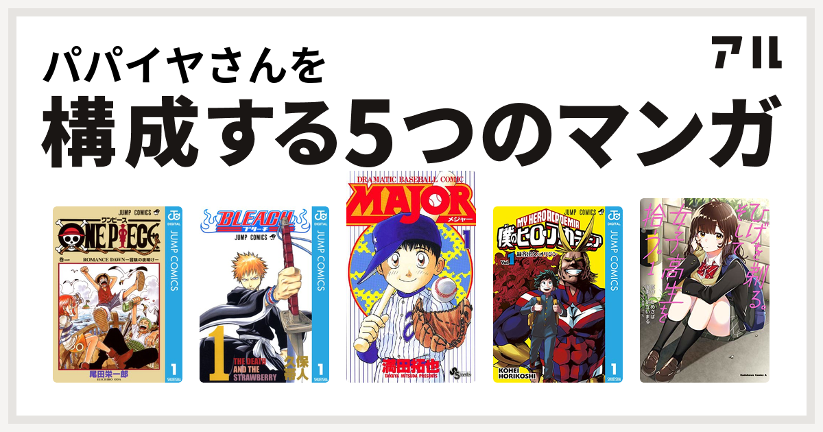 パパイヤさんを構成するマンガはone Piece Bleach Major 僕のヒーローアカデミア ひげを剃る そして女子高生を拾う 私を構成する5つのマンガ アル