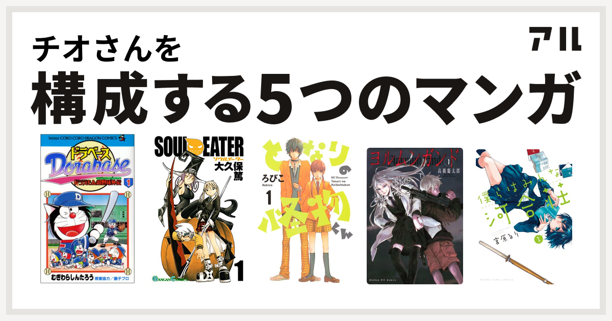 チオさんを構成するマンガはドラベース ドラえもん超野球 スーパーベースボール 外伝 ソウルイーター となりの怪物くん ヨルムンガンド 僕らはみんな河合荘 私を構成する5つのマンガ アル