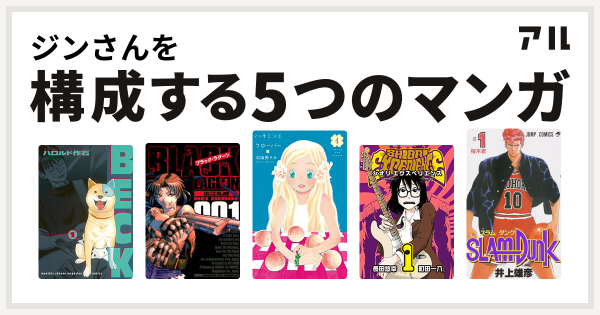 ジンさんを構成するマンガはbeck ブラック ラグーン ハチミツとクローバー Shiori Experienceジミなわたしとヘンなおじさん Slam Dunk スラムダンク 私を構成する5つのマンガ アル