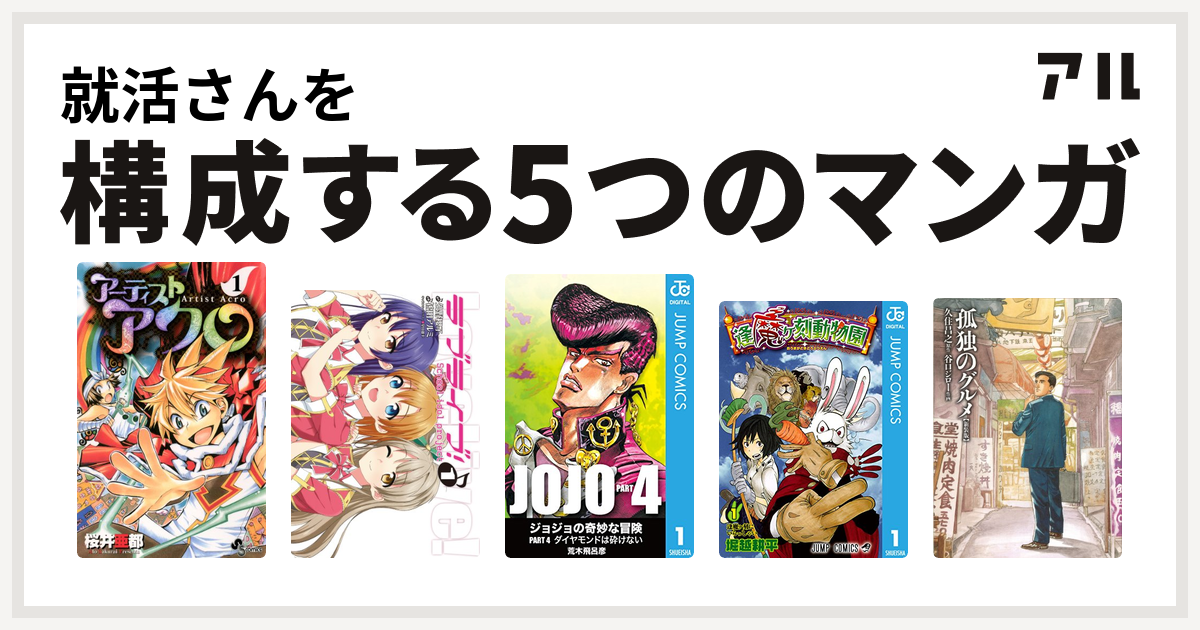 就活さんを構成するマンガはアーティストアクロ ラブライブ ジョジョの奇妙な冒険 第4部 逢魔ヶ刻動物園 孤独のグルメ 新装版 私を構成する5つのマンガ アル