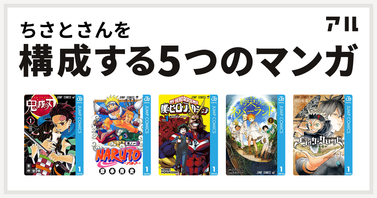 ちさとさんを構成するマンガは鬼滅の刃 Naruto ナルト 僕のヒーローアカデミア 約束のネバーランド ブラッククローバー 私を構成する5つのマンガ アル