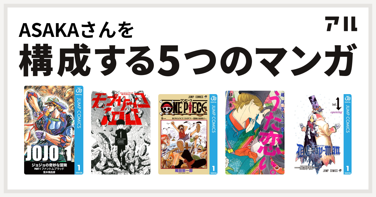 Asakaさんを構成するマンガはジョジョの奇妙な冒険 モブサイコ100 One Piece 超訳百人一首 うた恋い D Gray Man 私を構成する5つのマンガ アル