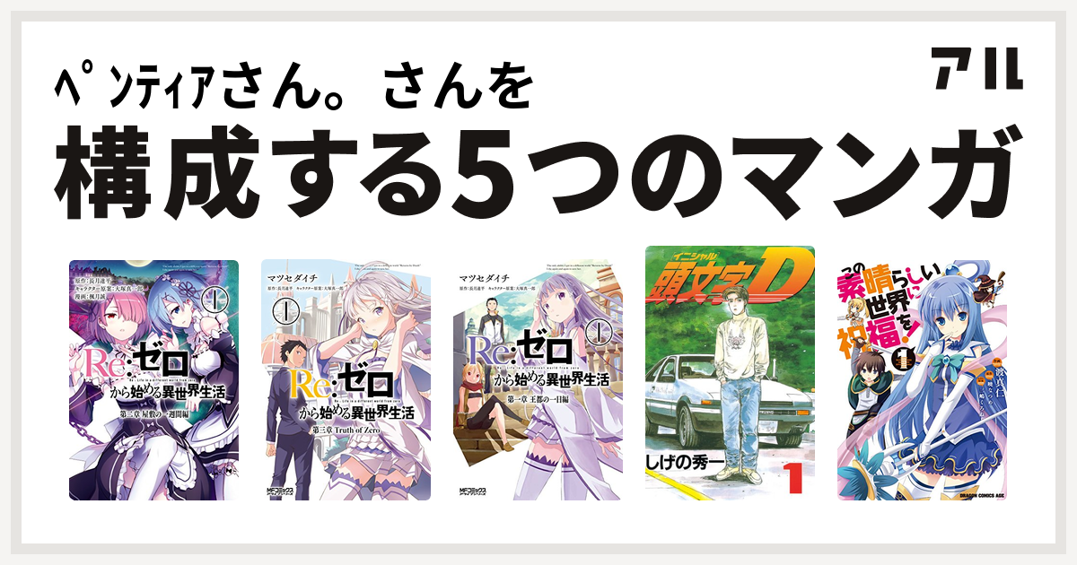 ﾍﾟﾝﾃｨｱさん さんを構成するマンガはre ゼロから始める異世界生活 第二章 屋敷の一週間編 Re ゼロから始める異世界生活 第三章 Truth Of Zero Re ゼロから始める異世界生活 第一章 王都の一日編 頭文字d この素晴らしい世界に祝福を 私を構成する5つのマンガ アル