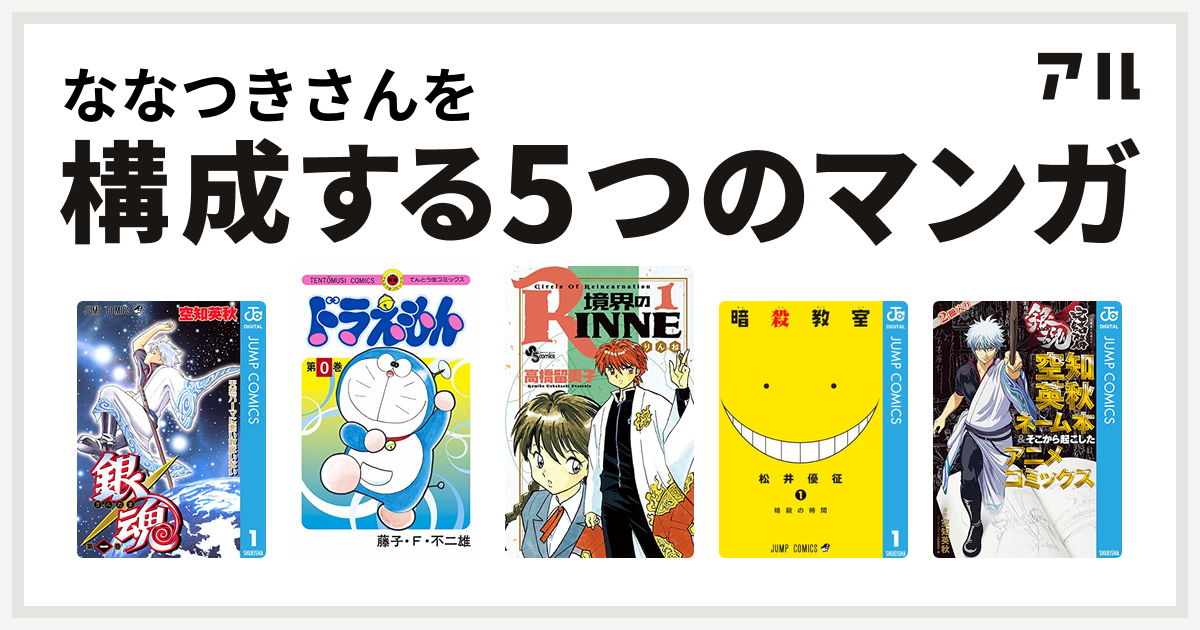 ななつきさんを構成するマンガは銀魂 ドラえもん 境界のrinne 暗殺教室 銀魂 アニメコミックス 銀魂 完結篇 万事屋よ永遠なれ 空知英秋ネーム本 そこから起こしたアニメコミックス 私を構成する5つのマンガ アル