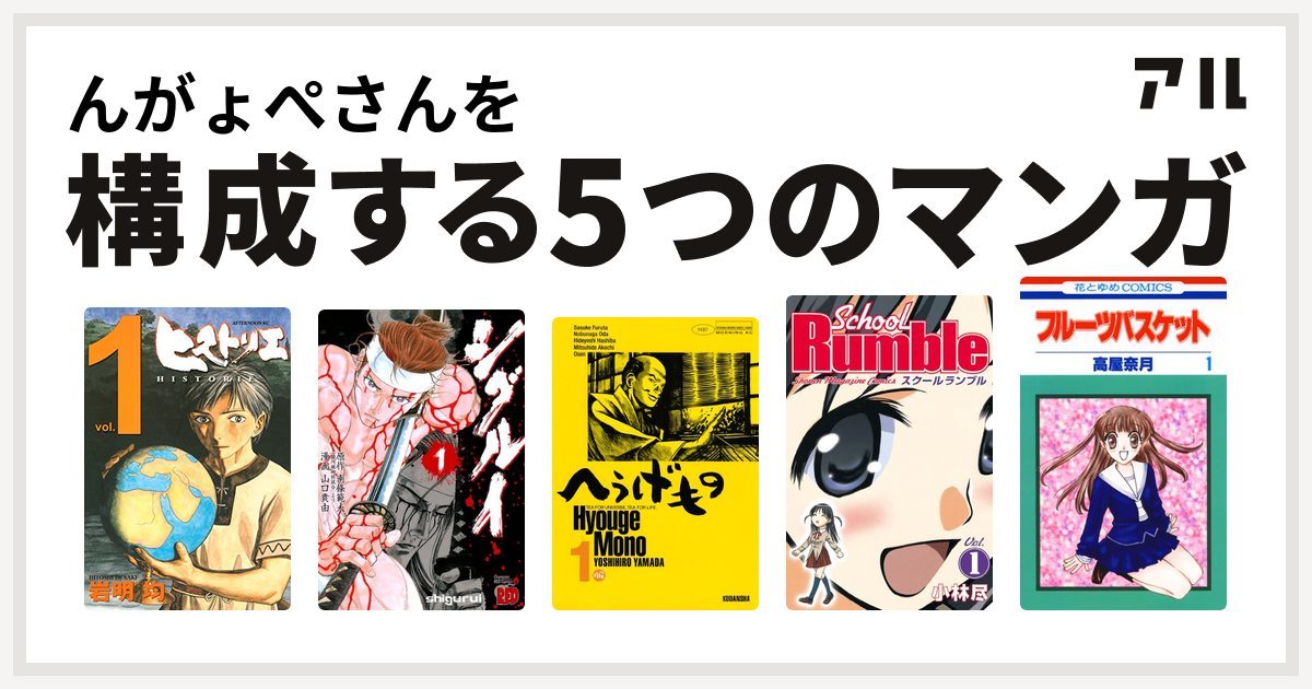 んがょぺさんを構成するマンガはヒストリエ
シグルイ
へうげもの
School Rumble
フルーツバスケット！