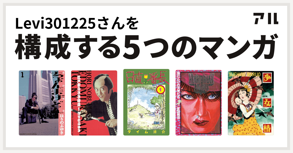 Leviさんを構成するマンガはちょんまげどん 江戸むらさき特急 日直番長 傷だらけの天使たち 少女椿 私を構成する5つのマンガ アル