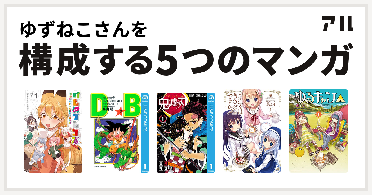 ゆずねこさんを構成するマンガはけものフレンズ ようこそジャパリパークへ ドラゴンボール 鬼滅の刃 ご注文はうさぎですか ゆるキャン 私を構成する5つのマンガ アル