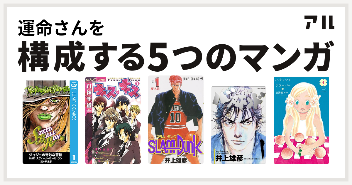 運命さんを構成するマンガはジョジョの奇妙な冒険 第7部 キス キス Slam Dunk スラムダンク バガボンド ハチミツとクローバー 私を構成する5つのマンガ アル