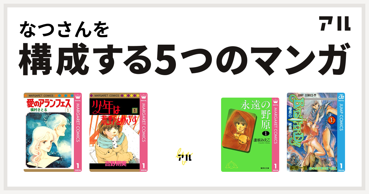 なつさんを構成するマンガは愛のアランフェス 少年は荒野をめざす キャンディ キャンディ 永遠の野原 Bastard 暗黒の破壊神 私を構成する5つのマンガ アル