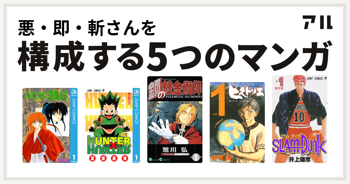 悪 即 斬さんを構成するマンガはるろうに剣心 明治剣客浪漫譚 Hunter Hunter 鋼の錬金術師 ヒストリエ Slam Dunk スラムダンク 私を構成する5つのマンガ アル