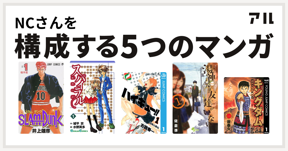 Ncさんを構成するマンガはslam Dunk スラムダンク スパイラル 推理の絆 ハイキュー 湯神くんには友達がいない キングダム 私を構成する5つのマンガ アル