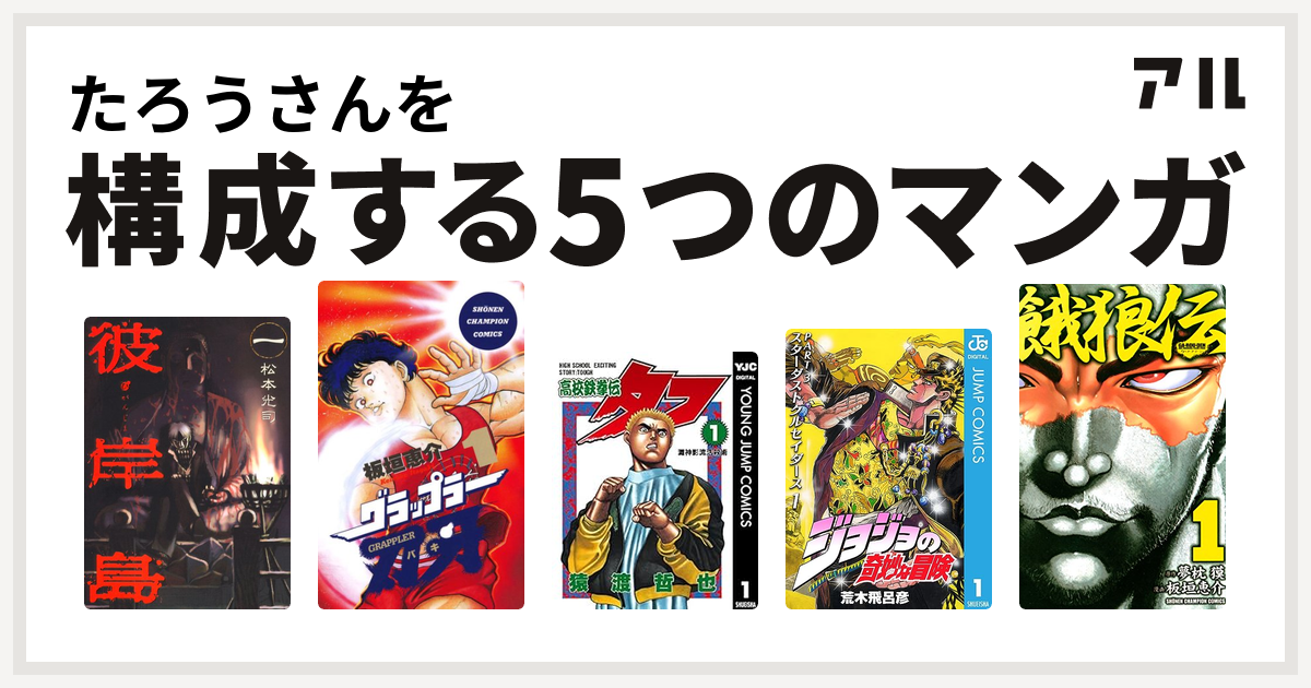 たろうさんを構成するマンガは彼岸島 グラップラー刃牙 高校鉄拳伝タフ ジョジョの奇妙な冒険 第3部 餓狼伝 - 私を構成する5つのマンガ | アル