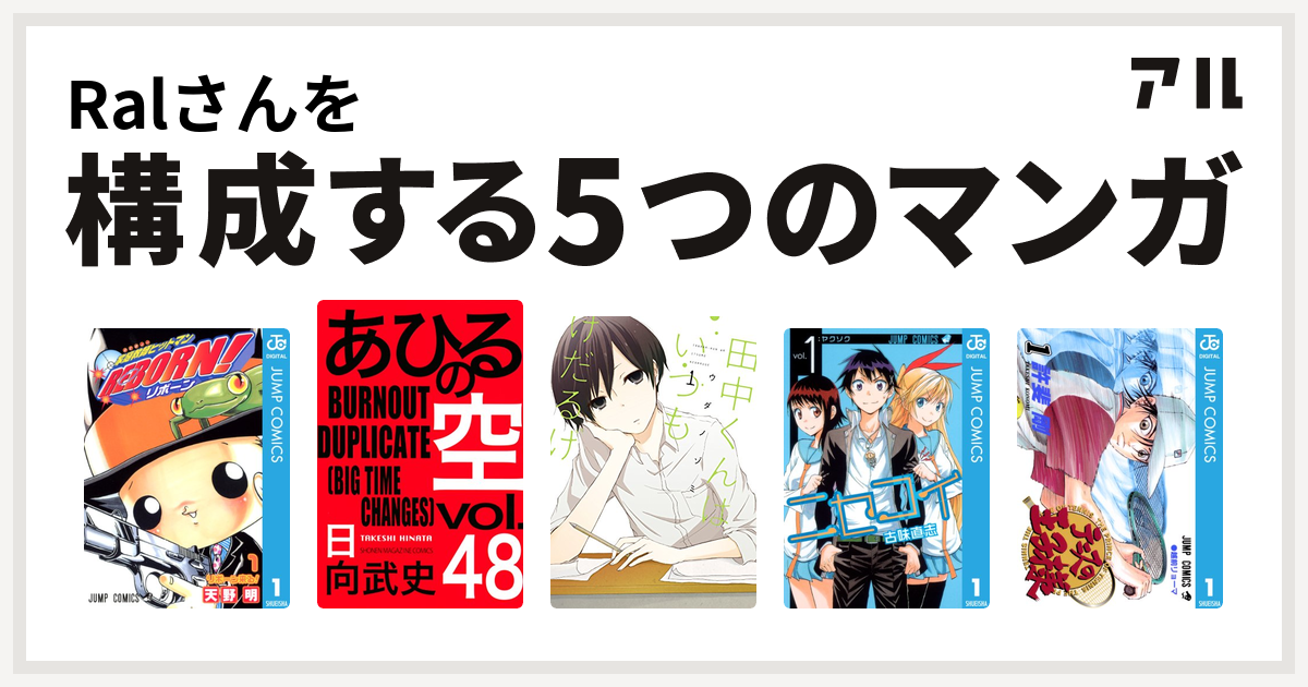 Ralさんを構成するマンガは家庭教師ヒットマンreborn あひるの空 The Day 田中くんはいつもけだるげ ニセコイ テニスの王子様 私を構成する5つのマンガ アル