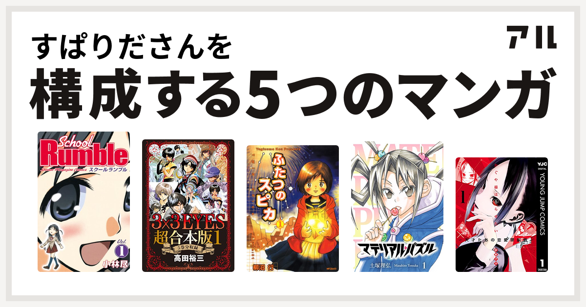 すぱりださんを構成するマンガはschool Rumble 3x3eyes ふたつのスピカ マテリアル パズル かぐや様は告らせたい 天才たちの恋愛頭脳戦 私を構成する5つのマンガ アル