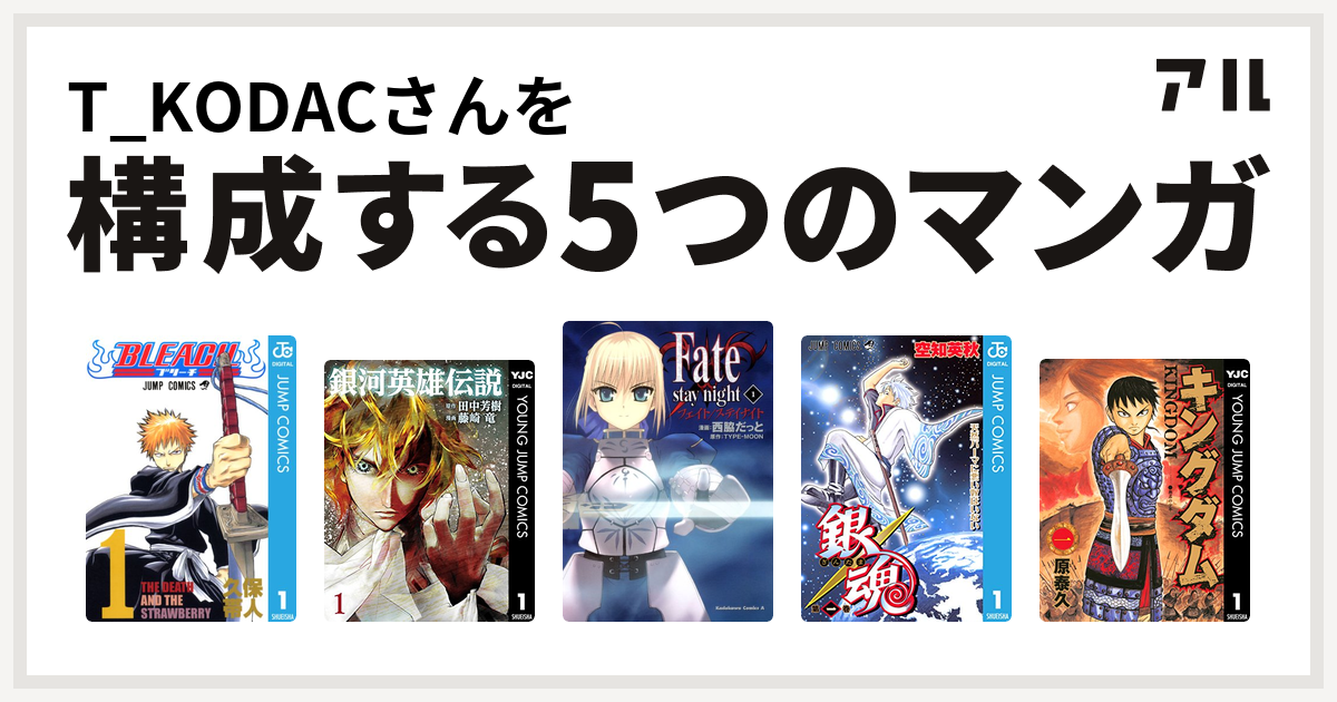 T Kodacさんを構成するマンガはbleach 銀河英雄伝説 Fate Stay Night 銀魂 キングダム 私を構成する5つのマンガ アル