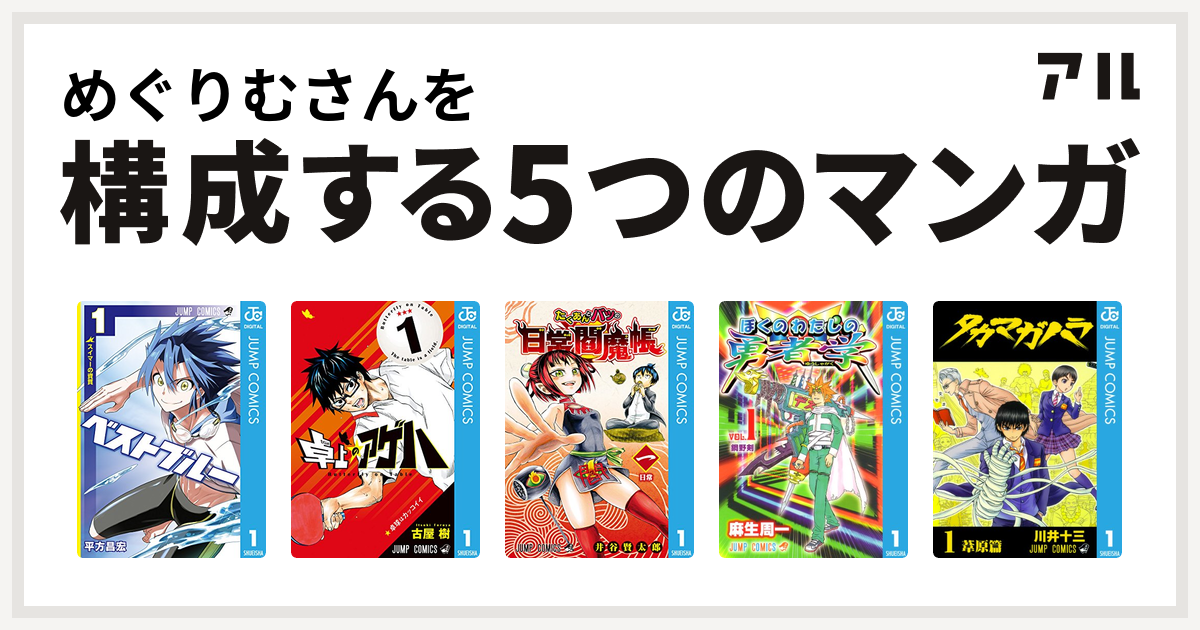 めぐりむさんを構成するマンガはベストブルー 卓上のアゲハ たくあんとバツの日常閻魔帳 ぼくのわたしの勇者学 タカマガハラ 私を構成する5つのマンガ アル