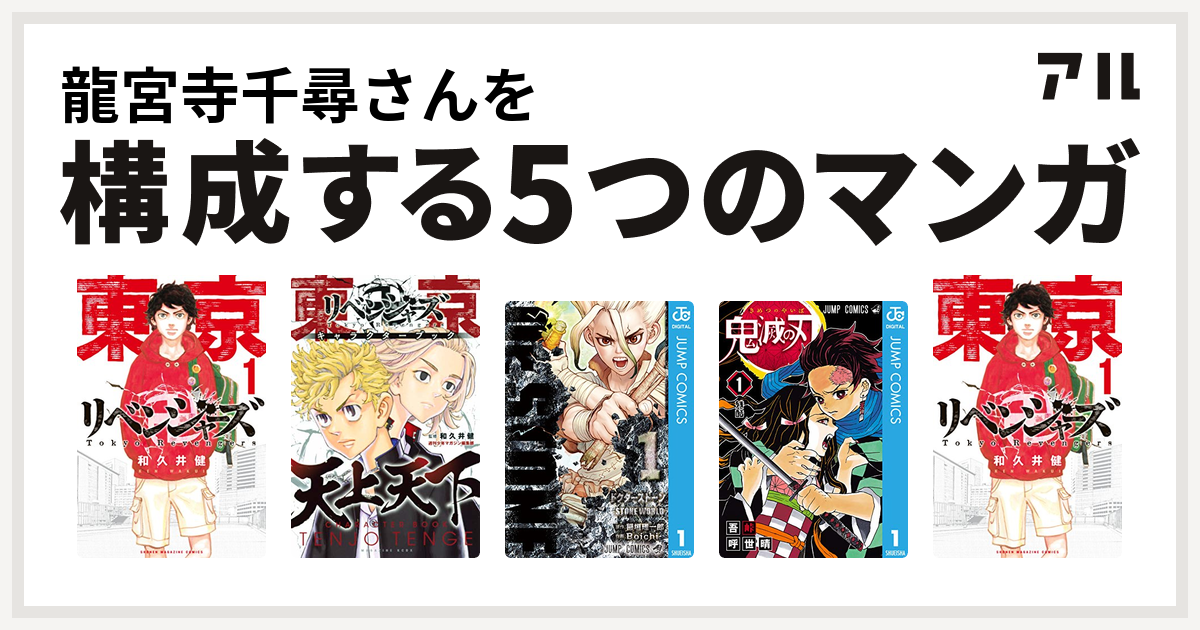 龍宮寺千尋さんを構成するマンガは東京卍リベンジャーズ
東京卍リベンジャーズ キャラクターブック 天上天下
Dr.STONE
鬼滅の刃
東京卍リベンジャーズ！