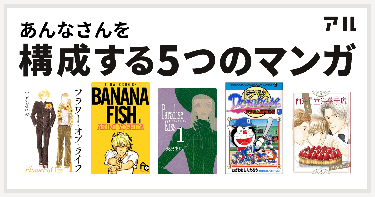 あんなさんを構成するマンガはフラワー オブ ライフ Banana Fish Paradise Kiss ドラベース ドラえもん超野球 スーパーベースボール 外伝 西洋骨董洋菓子店 私を構成する5つのマンガ アル